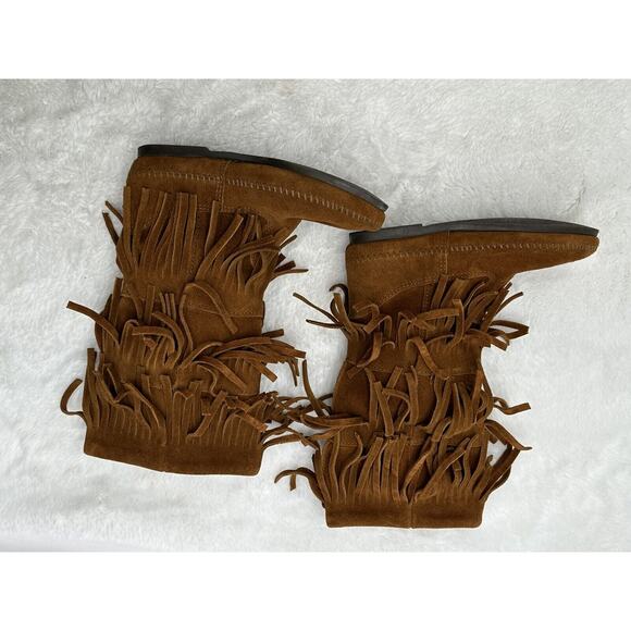 MINNETONKA 3-Layer Fringe Moccasin Mid-Calf High Boho Boot Women's Size 6 - Picture 3 of 15